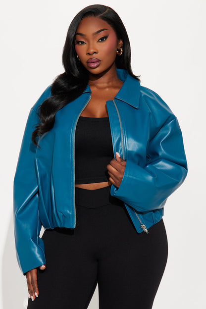 Iman It Girl Faux Leather Bomber Jacket - Teal