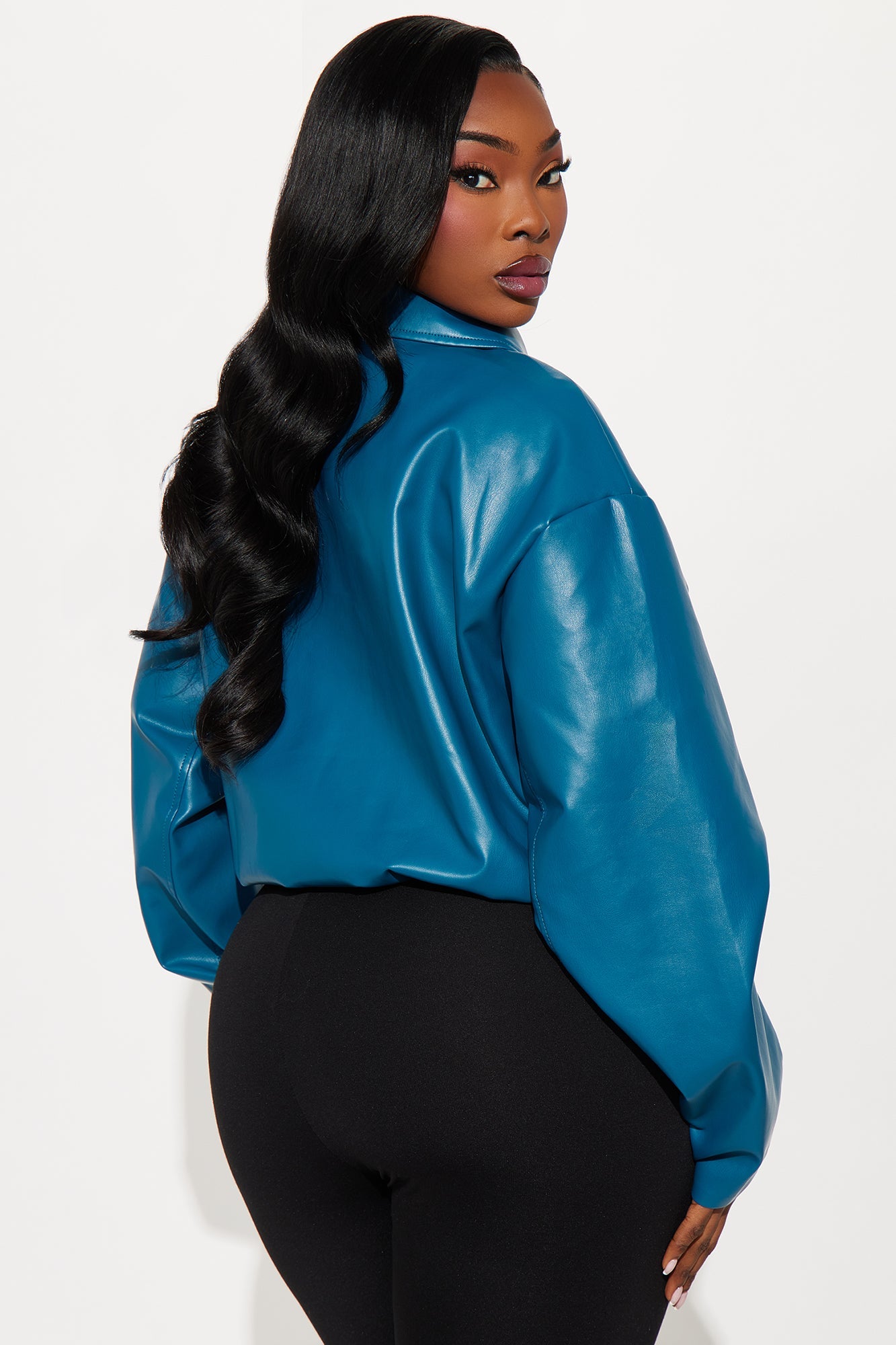 Iman It Girl Faux Leather Bomber Jacket - Teal