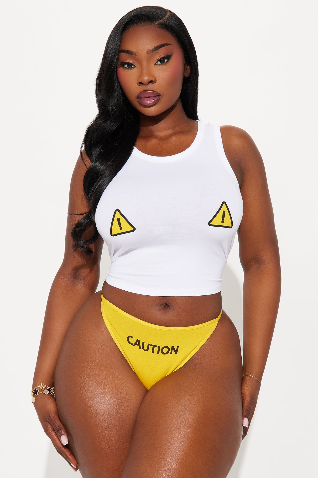 Might Slip And Fall Cotton Tank And Panty 2 Piece Sett - Yellow