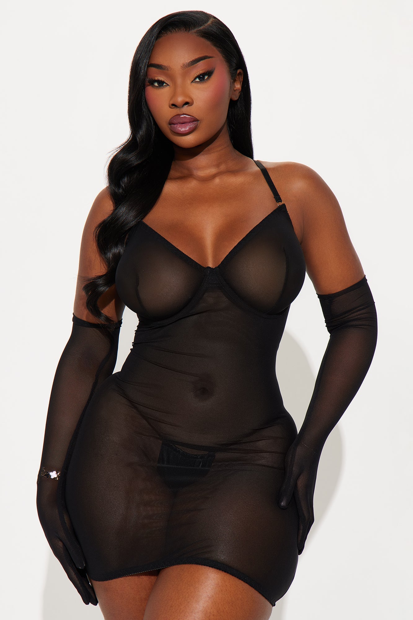 Harley Mesh Chemise Dress With Gloves - Black