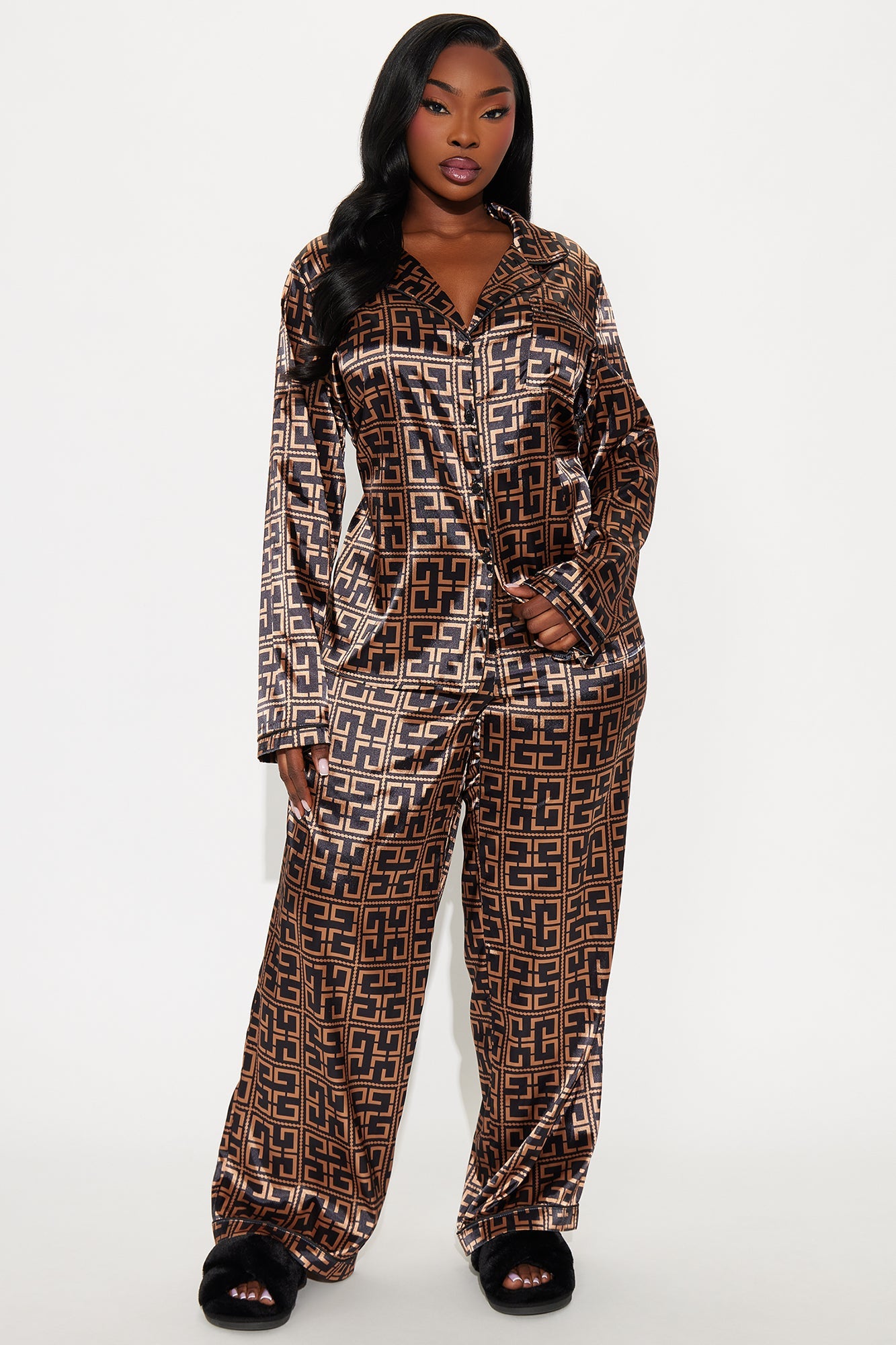 Bedtime Stretch Satin Long Sleeve PJ Pant Set - Black/combo