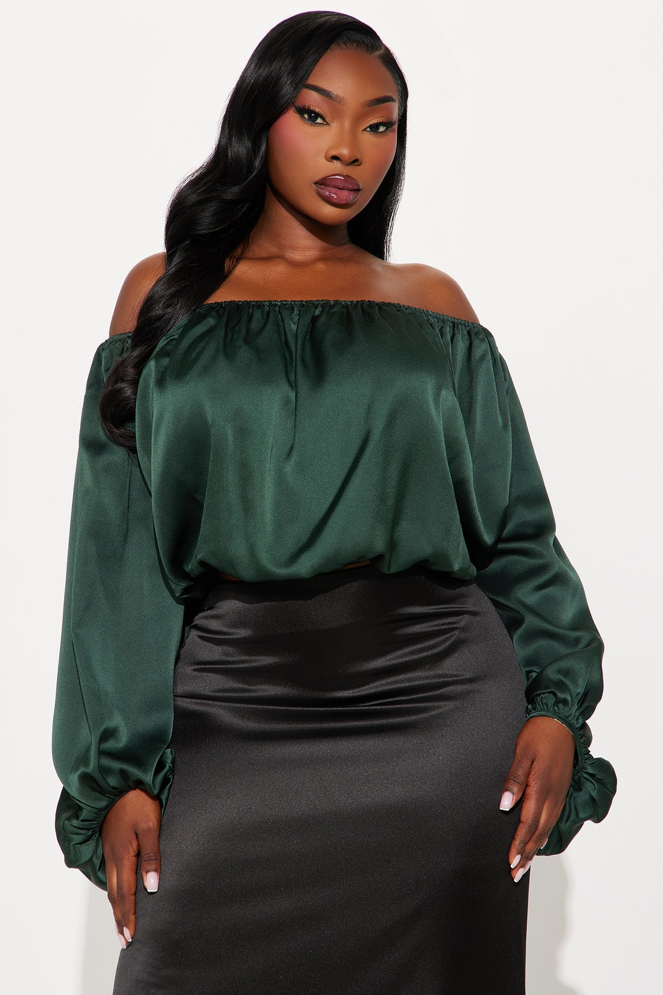 Watch Me Glow Satin Blouse - Hunter Green