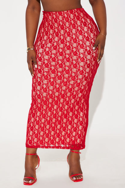 Victoria High Rise Lace Bodycon Maxi Skirt - Red