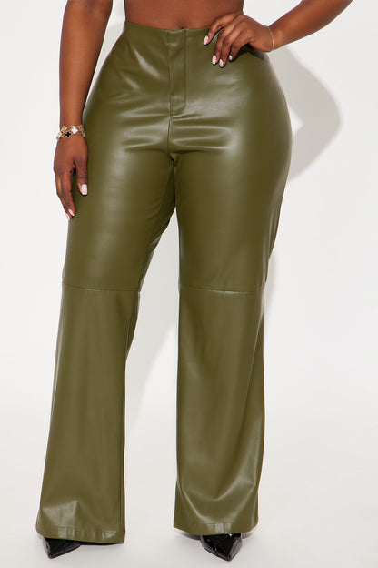 Athena Faux Leather Wide Leg Pant 33″ - Olive