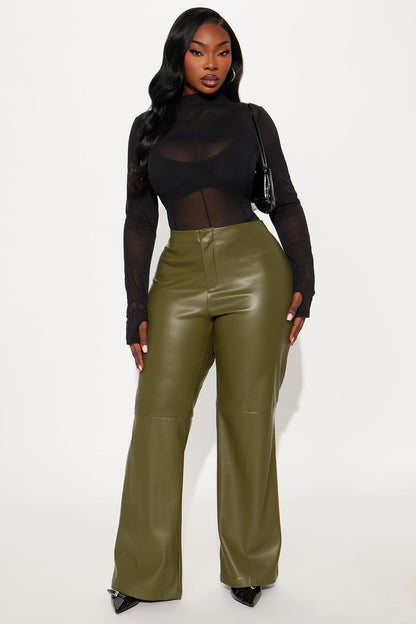 Athena Faux Leather Wide Leg Pant 33″ - Olive