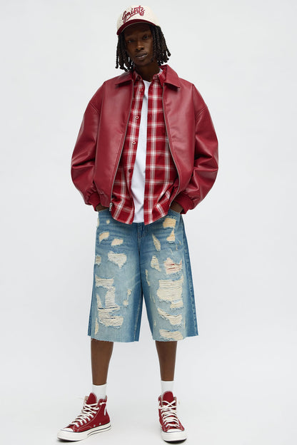 Baggy Repaired But Destroyed Denim Short - Medium Blue Wash