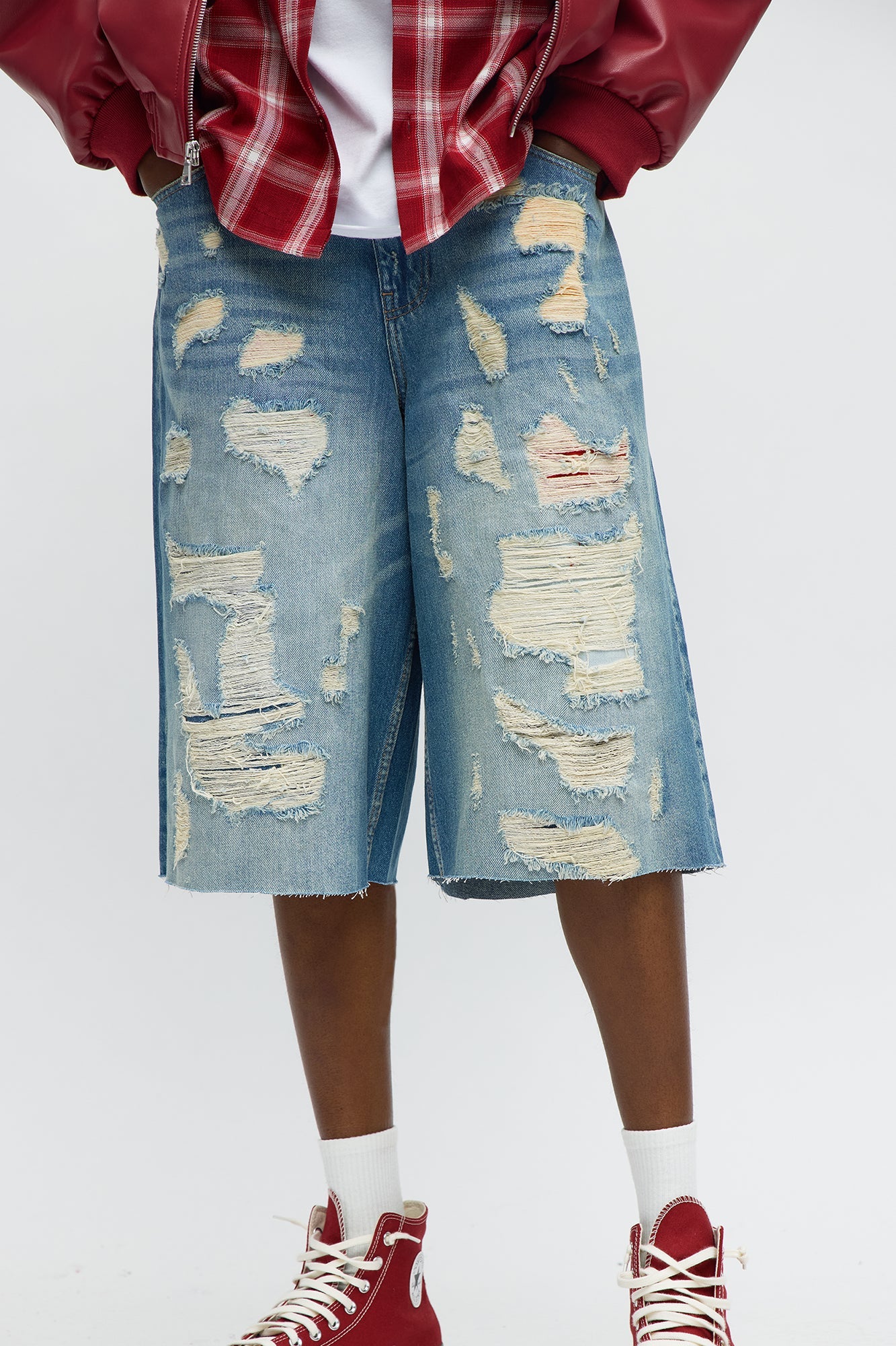 Baggy Repaired But Destroyed Denim Short - Medium Blue Wash