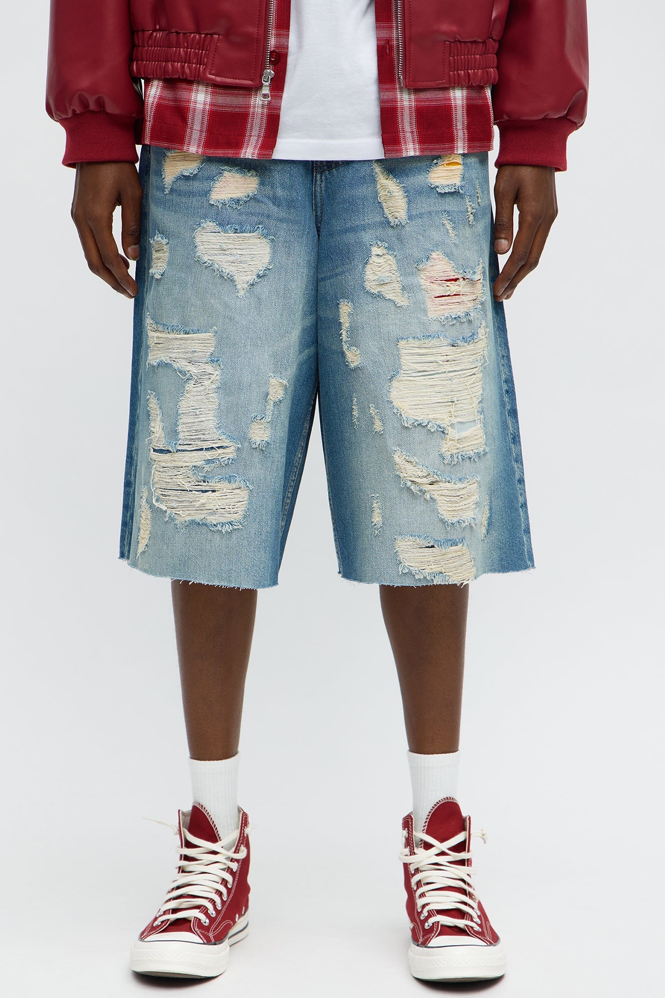 Baggy Repaired But Destroyed Denim Short - Medium Blue Wash