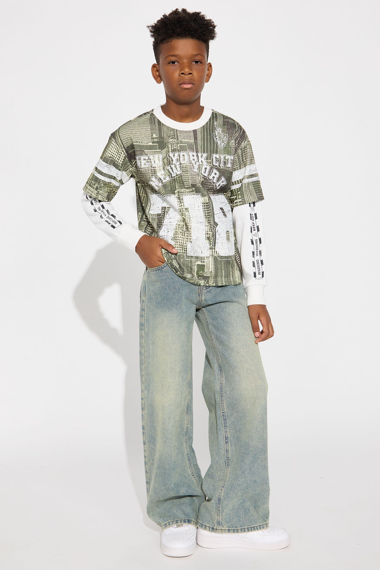 Mini Oversized Concrete Jungle Skylines Long Sleeve Tee - Green/combo