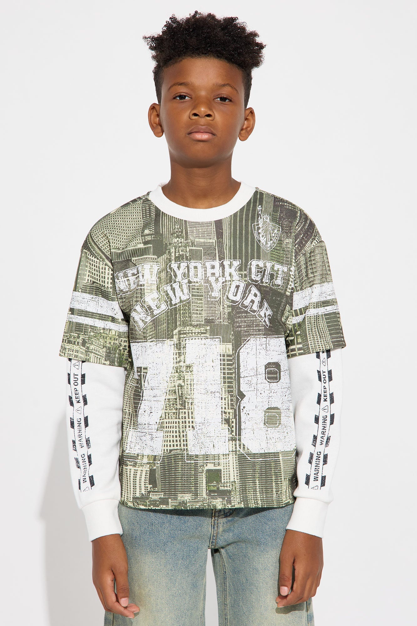 Mini Oversized Concrete Jungle Skylines Long Sleeve Tee - Green/combo