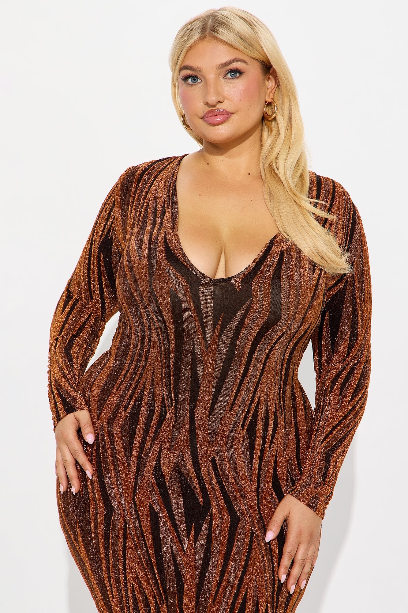 Maya Deep V-Neck Metallic Midi Dress - Copper