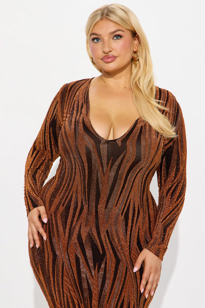 Maya Deep V-Neck Metallic Midi Dress - Copper