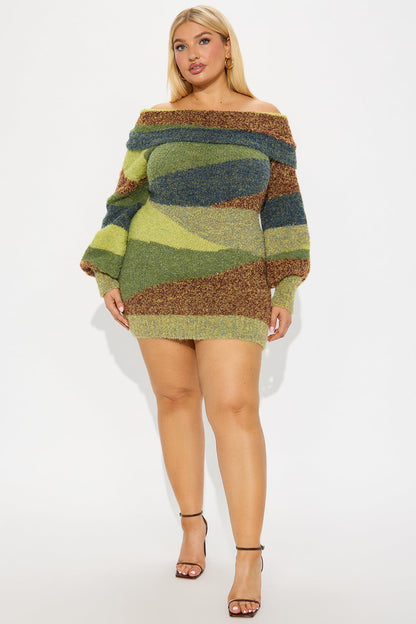 Fatima Sweater Mini Dress - Olive/combo
