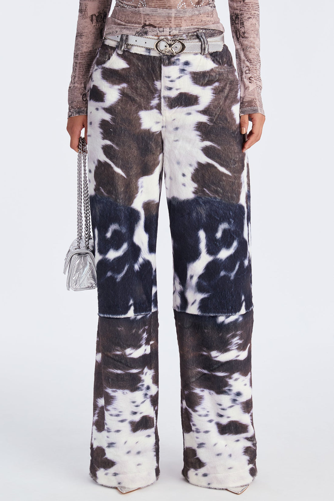 Early Dawn Faux Fur Cow Print Wide Leg Pant 33 - Black/White