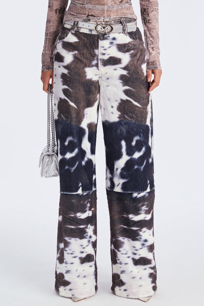Early Dawn Faux Fur Cow Print Wide Leg Pant 33 - Black/White