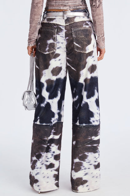 Early Dawn Faux Fur Cow Print Wide Leg Pant 33 - Black/White