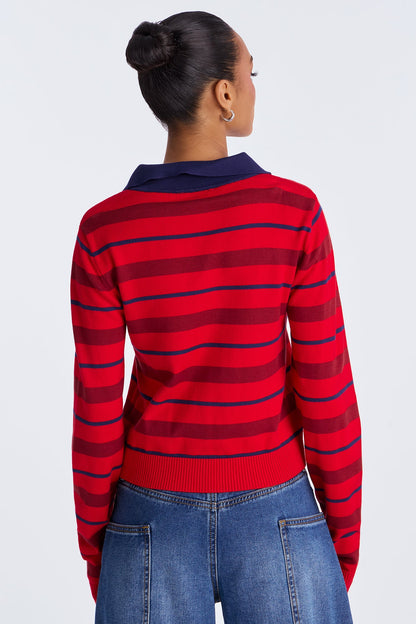 Justine Striped Polo Sweater - Red/combo