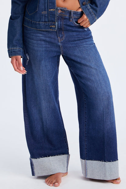 Big Deal Cuffed Wide Leg Jeans - Dark Wash