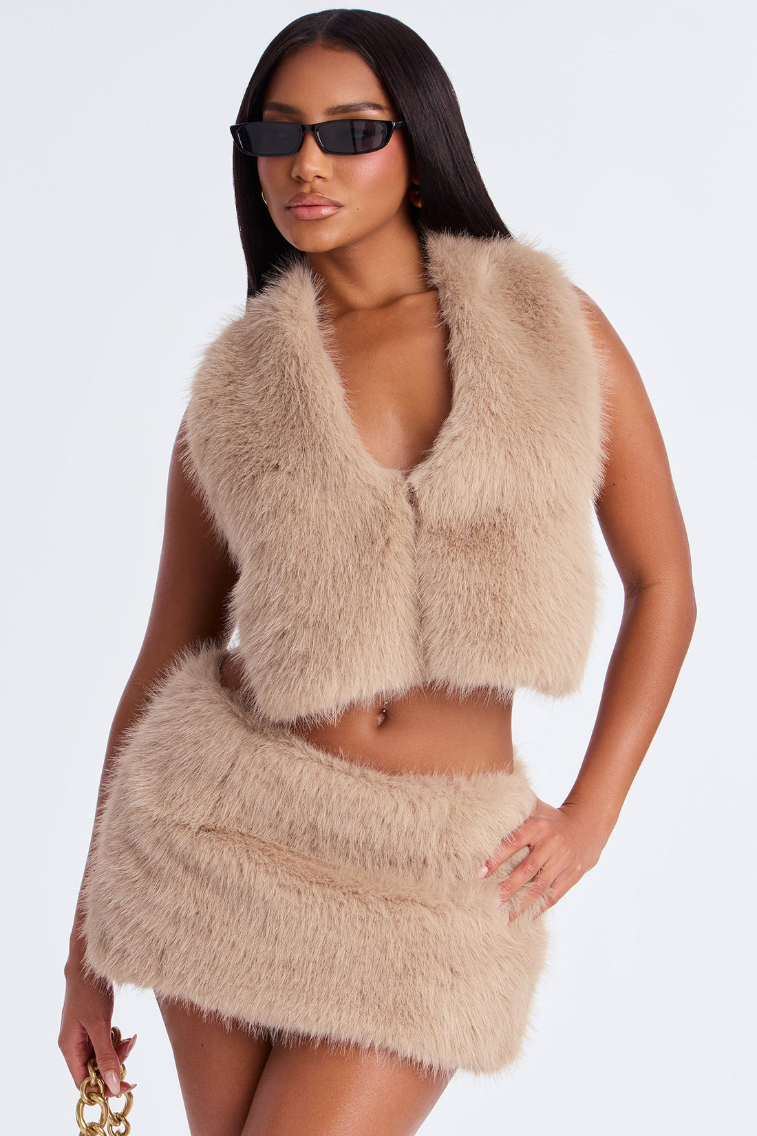 The Way You Feel Faux Fur Skirt Set - Taupe
