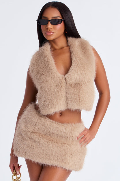The Way You Feel Faux Fur Skirt Set - Taupe