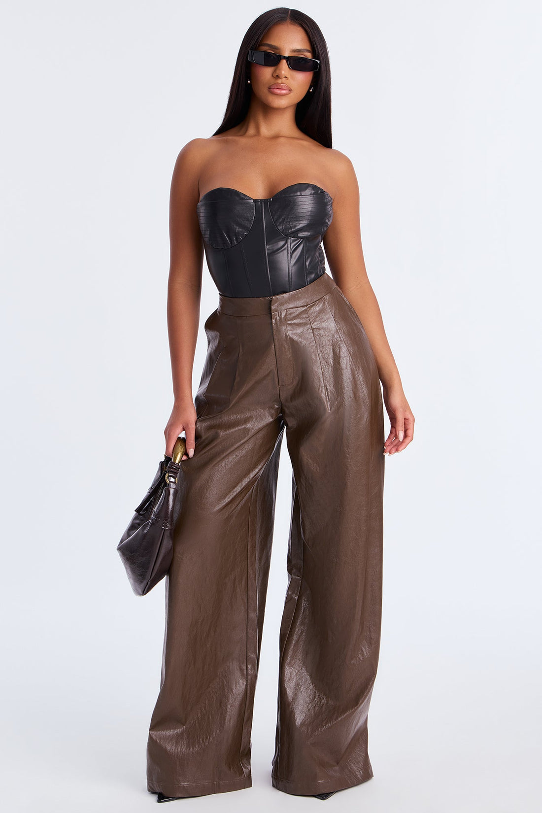 Vera Wide Leg Faux Leather Pant 33 - Chocolate