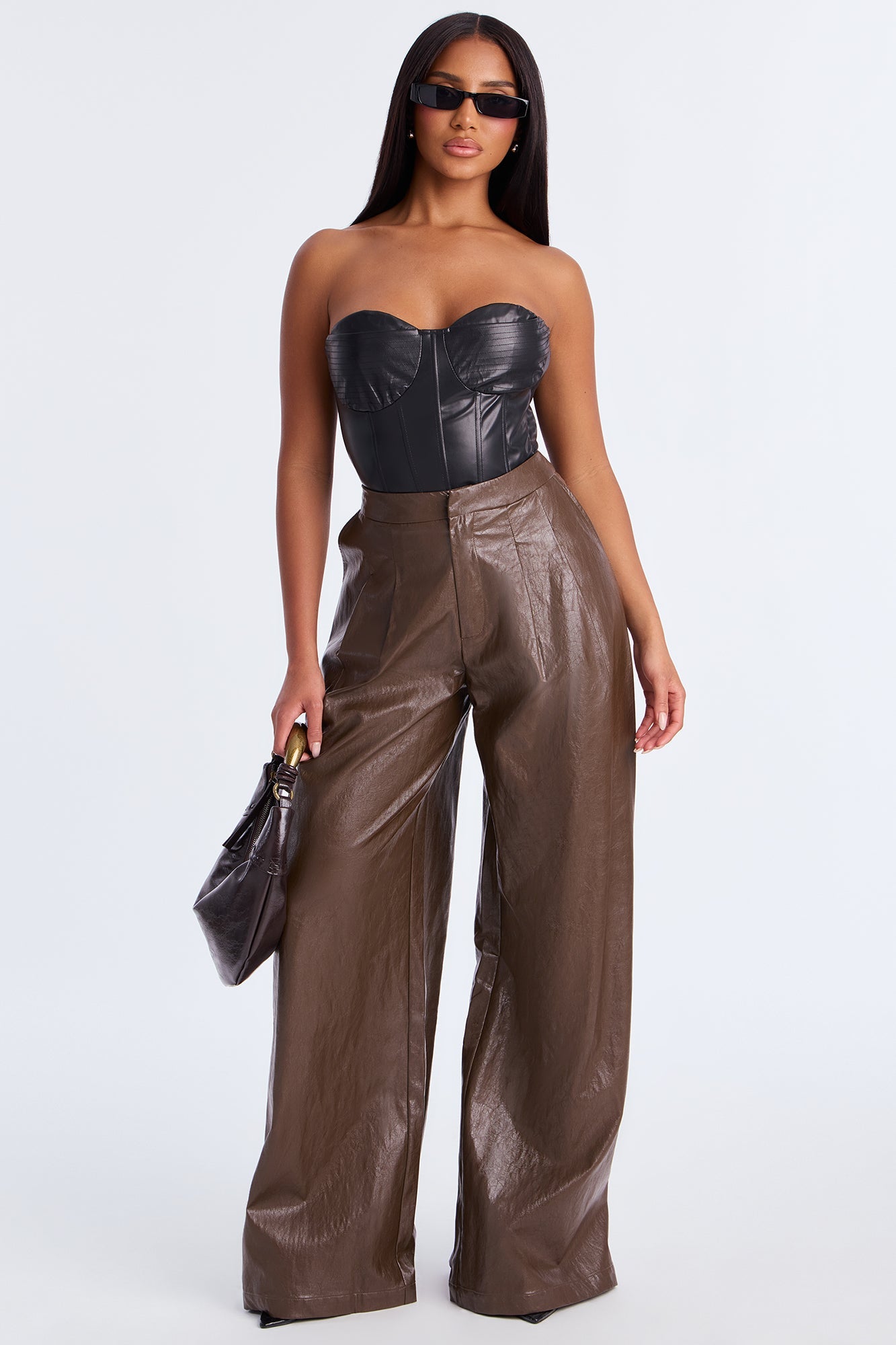 Vera Wide Leg Faux Leather Pant 33 - Chocolate