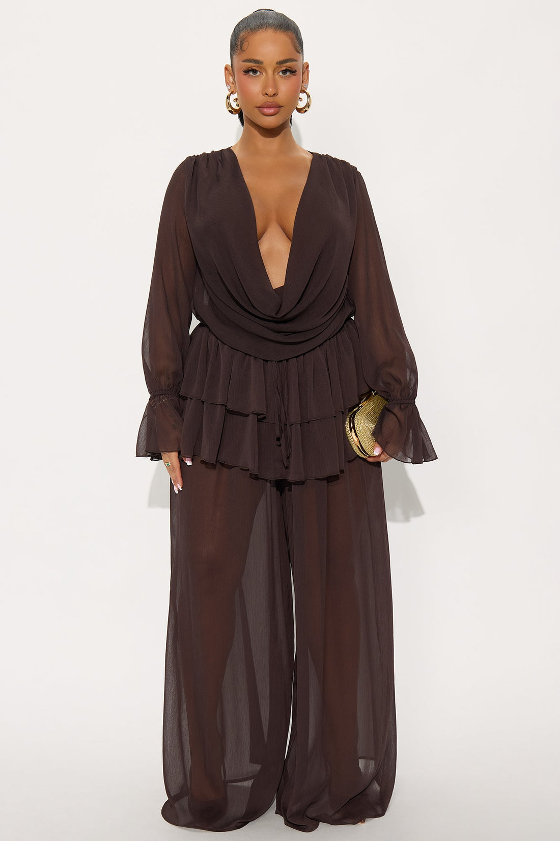 Romantic Night Ruffle Pant Set - Chocolate