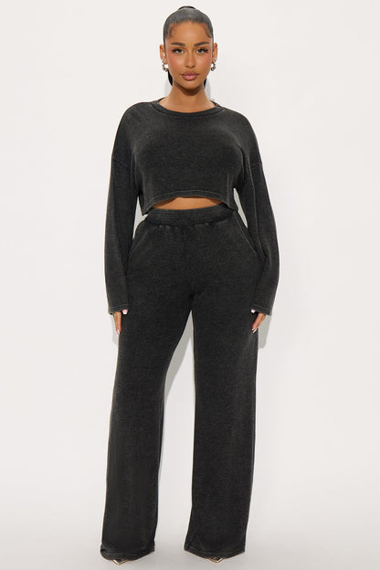 Makayla Waffle Pant Set - Charcoal