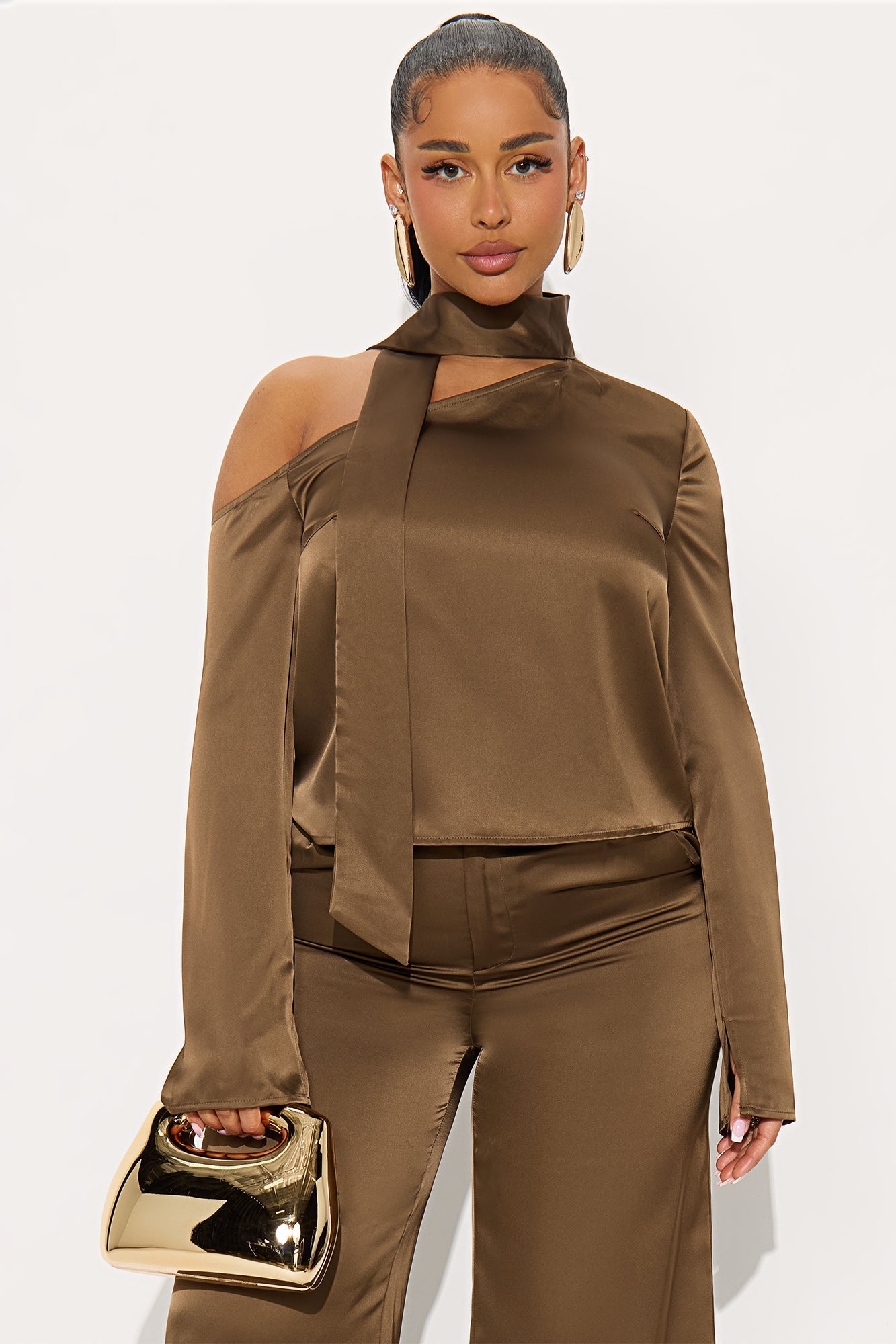 Tiana Off Shoulder Satin Scarf Pant Set - Mocha