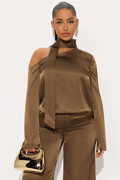 Tiana Off Shoulder Satin Scarf Pant Set - Mocha