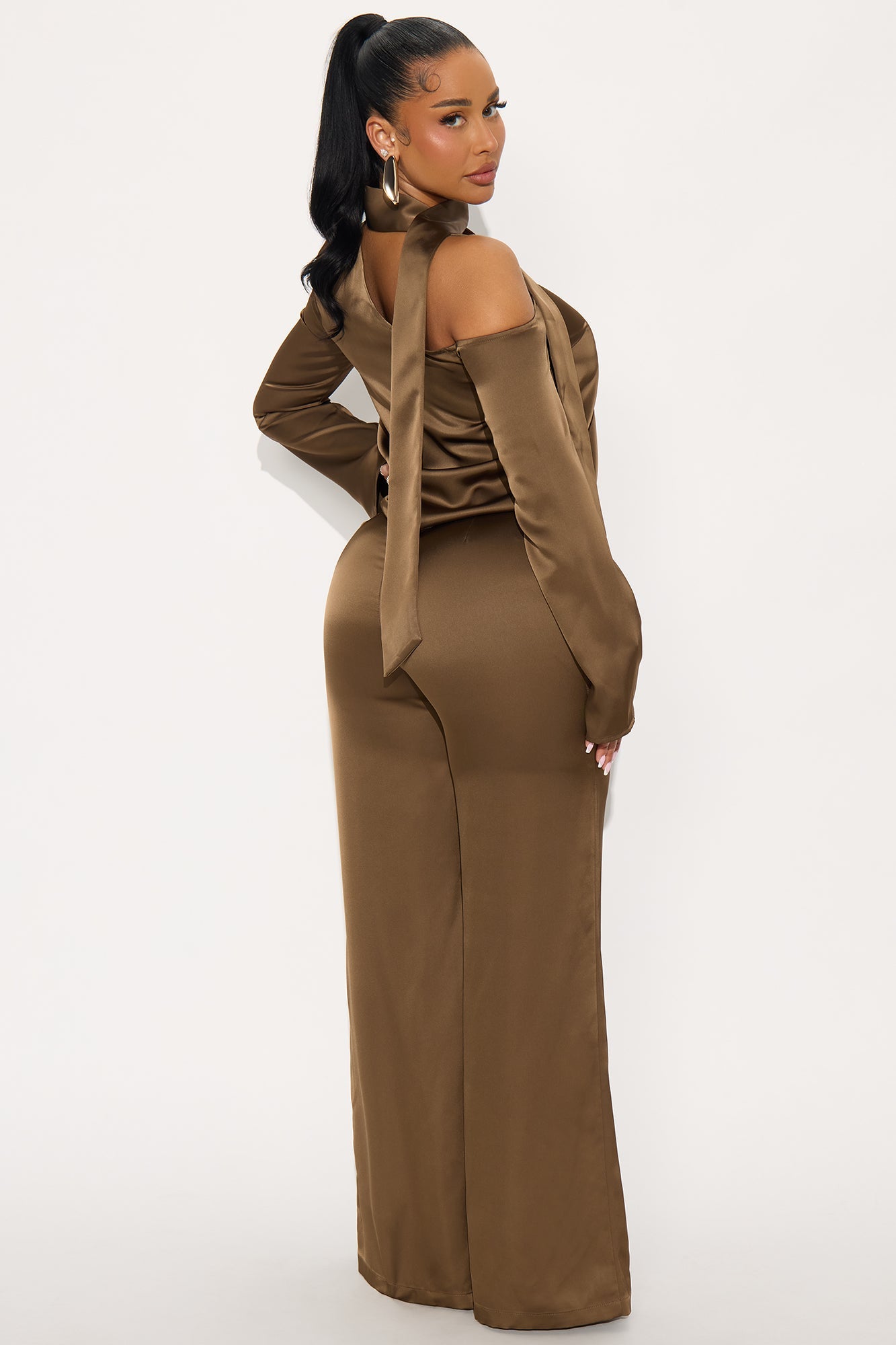 Tiana Off Shoulder Satin Scarf Pant Set - Mocha