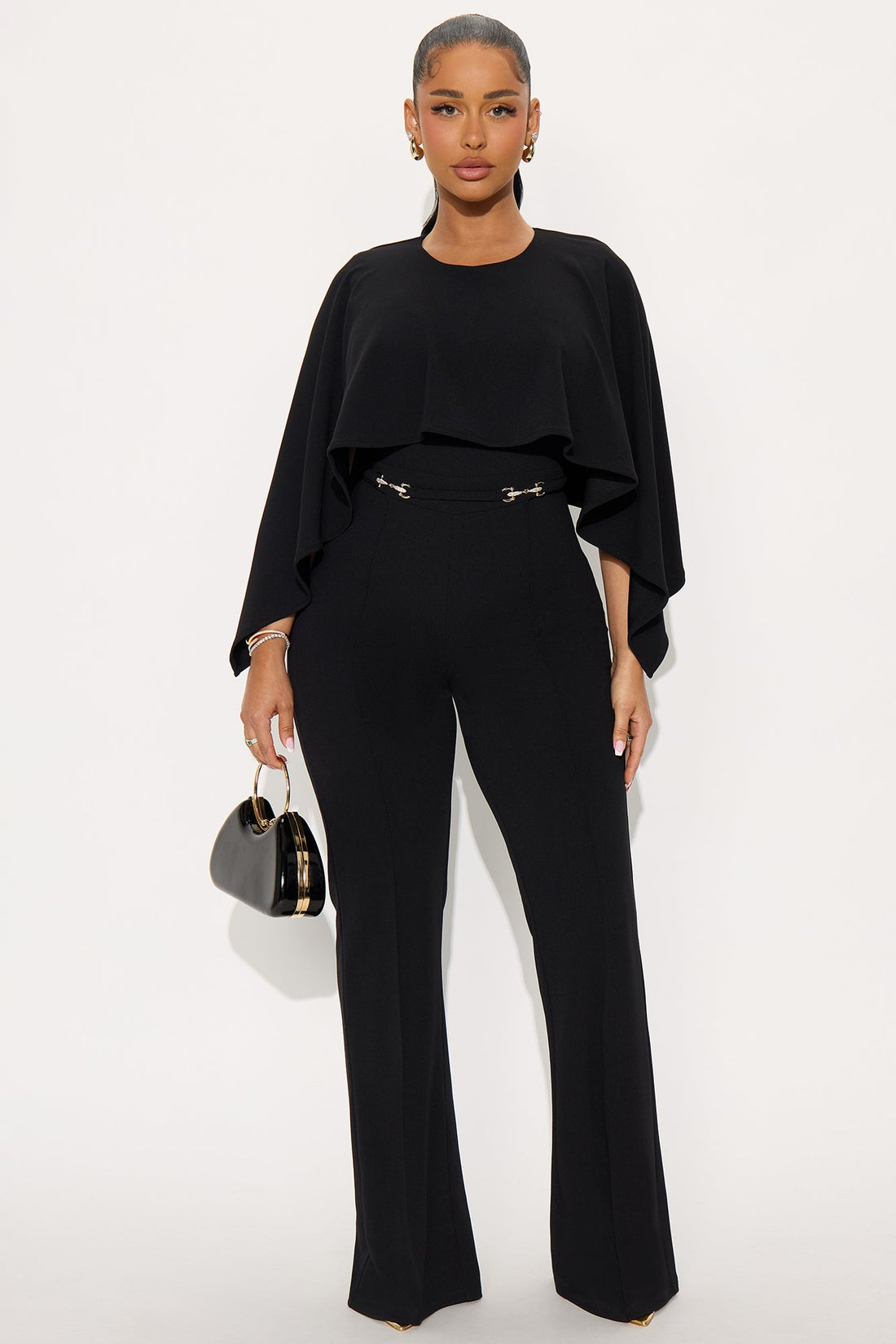 The Mastermind Cape Sleeve Straight Leg Jumpsuit - Black