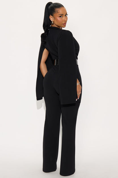 Ceo Vibes Cape Sleeve Belted Jumpsuit - Black