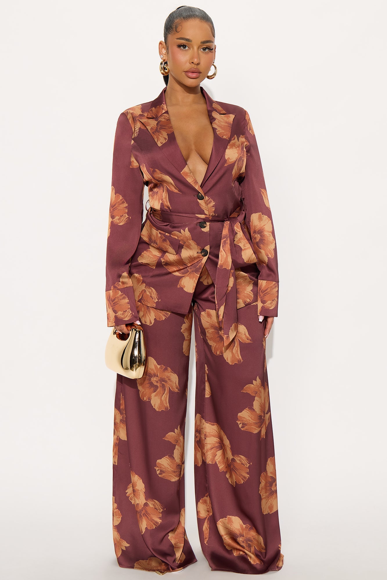 In My Floral Satin Blazer Pant Set - Brown/combo