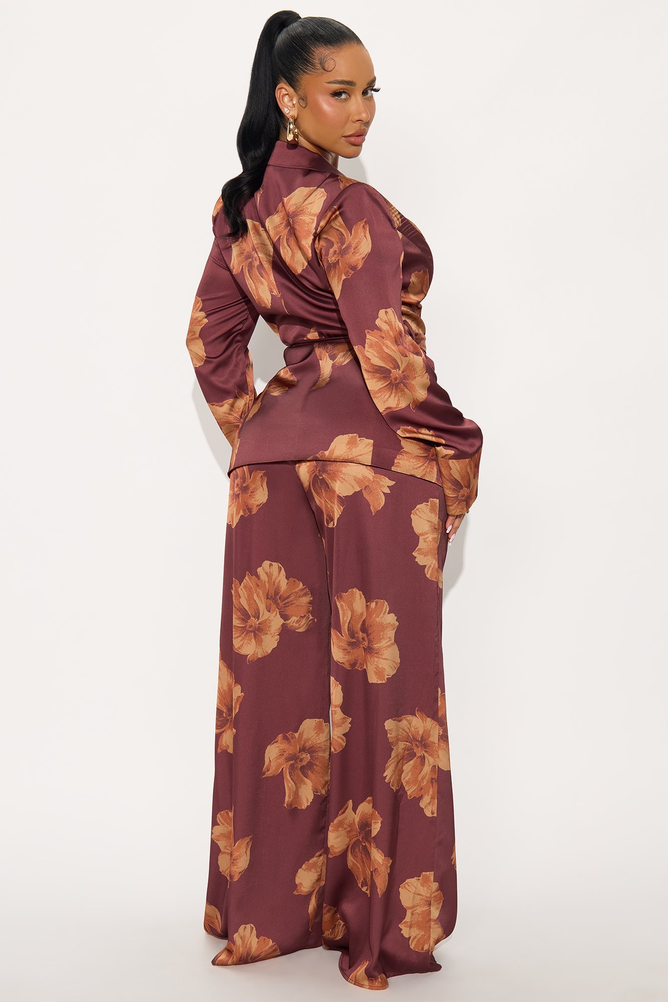 In My Floral Satin Blazer Pant Set - Brown/combo