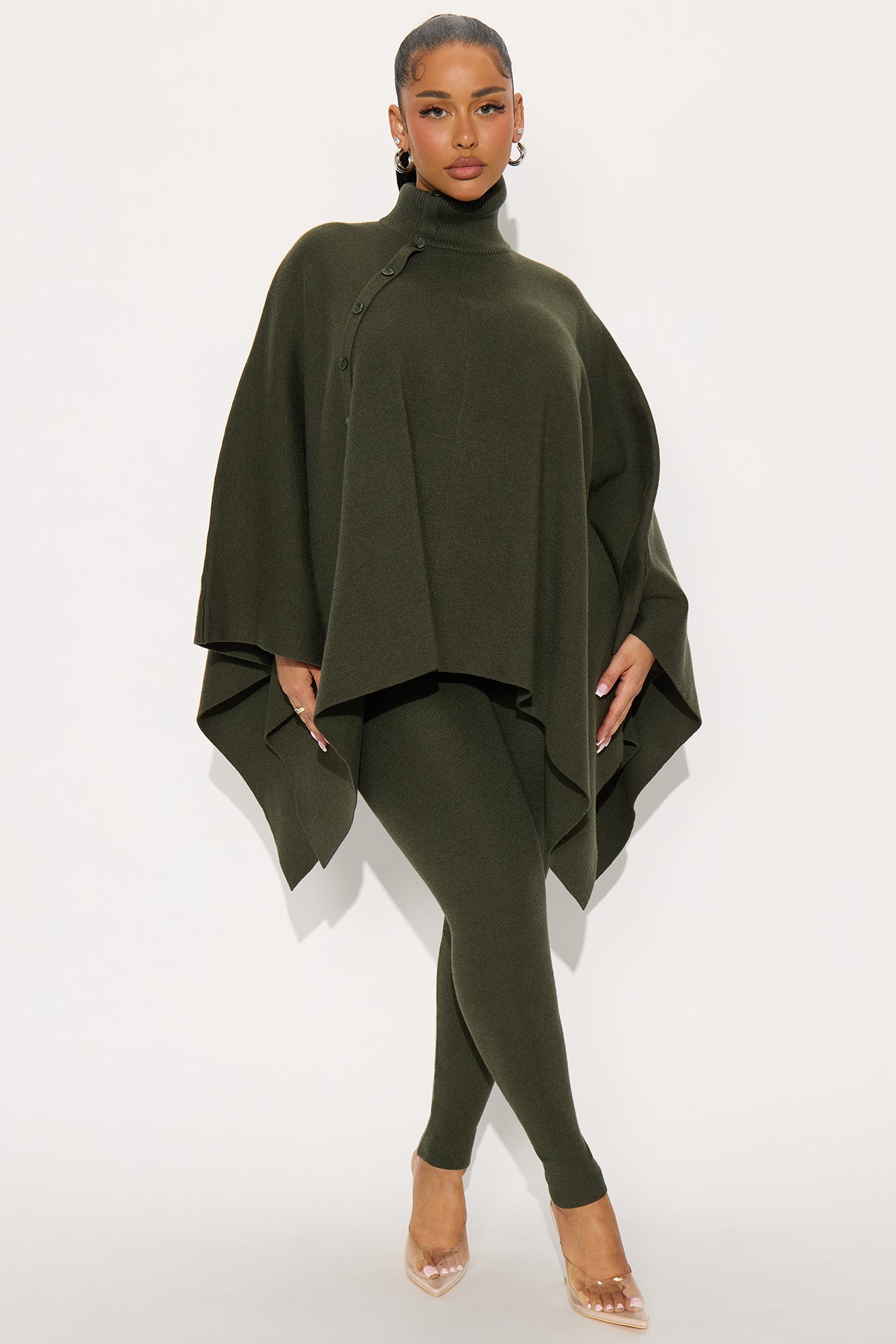 Weekend Rebel Poncho Sweater Pant Set - Olive