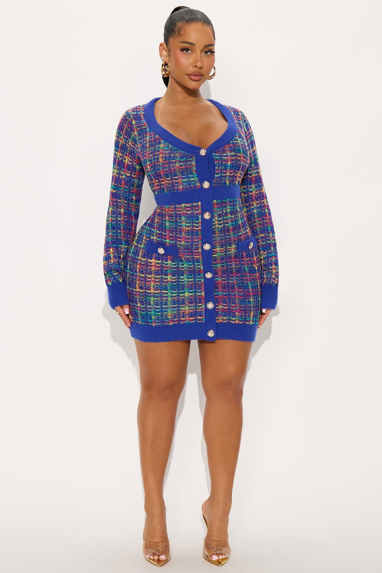 Boss Babe Plaid Sweater Mini Dress - Navy/combo