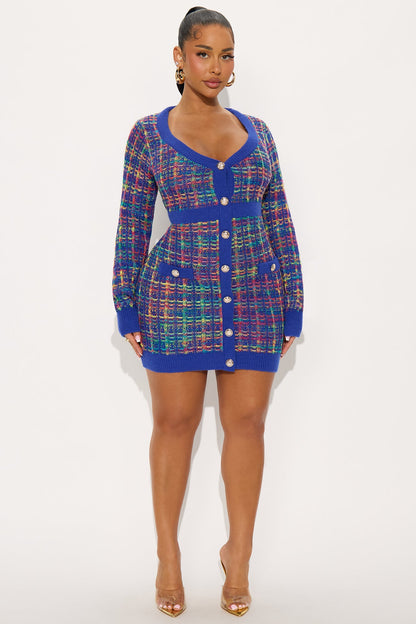 Boss Babe Plaid Sweater Mini Dress - Navy/combo