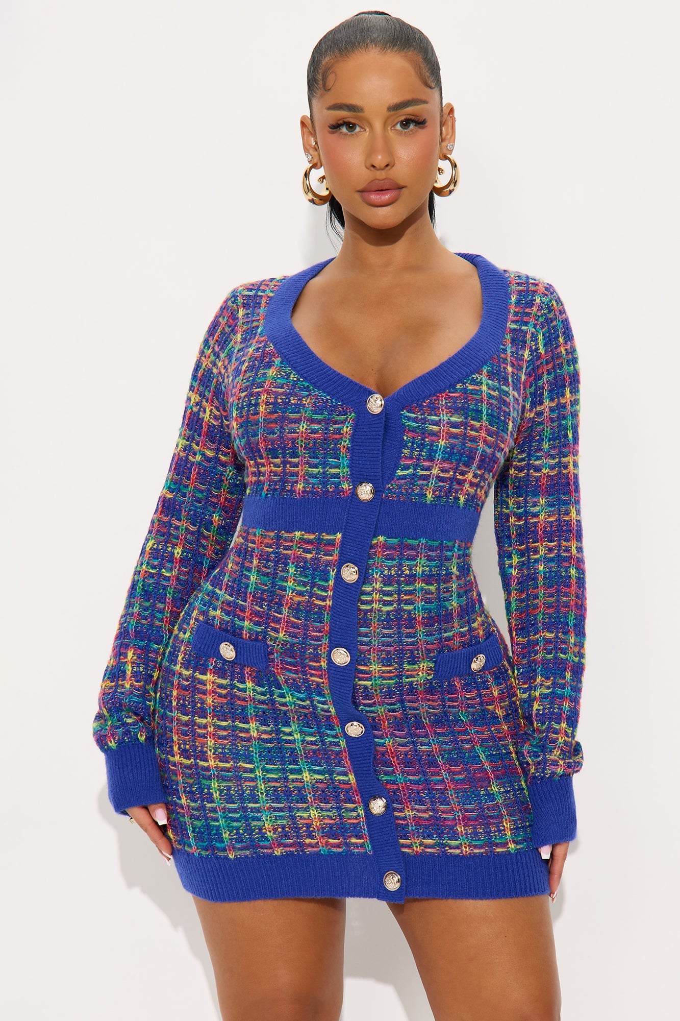 Boss Babe Plaid Sweater Mini Dress - Navy/combo
