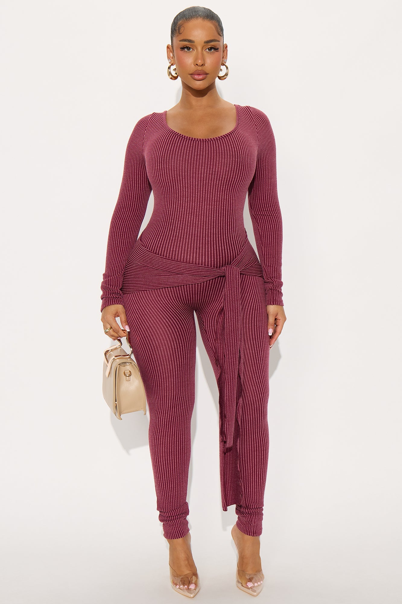 Kate Ribbed Long Sleeve Jumpsuit - Wine