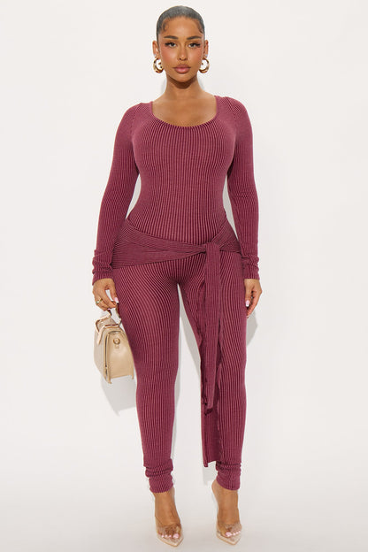Kate Ribbed Long Sleeve Jumpsuit - Wine