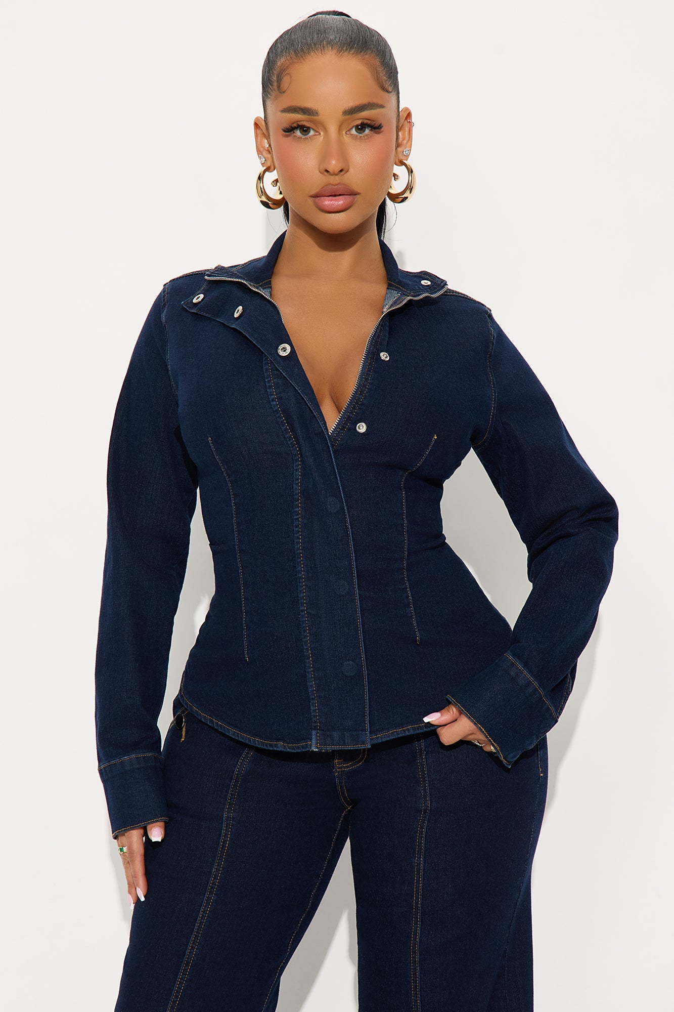 Brooke Puff Sleeve Jacket Denim Pant Set - Dark Wash
