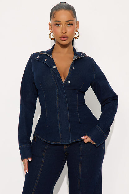 Brooke Puff Sleeve Jacket Denim Pant Set - Dark Wash