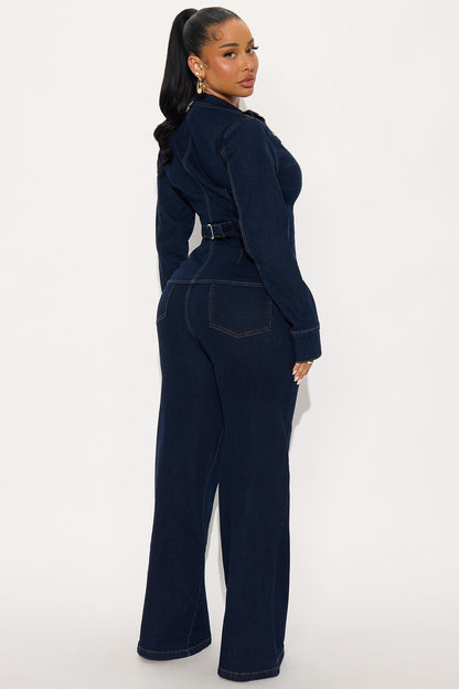 Brooke Puff Sleeve Jacket Denim Pant Set - Dark Wash