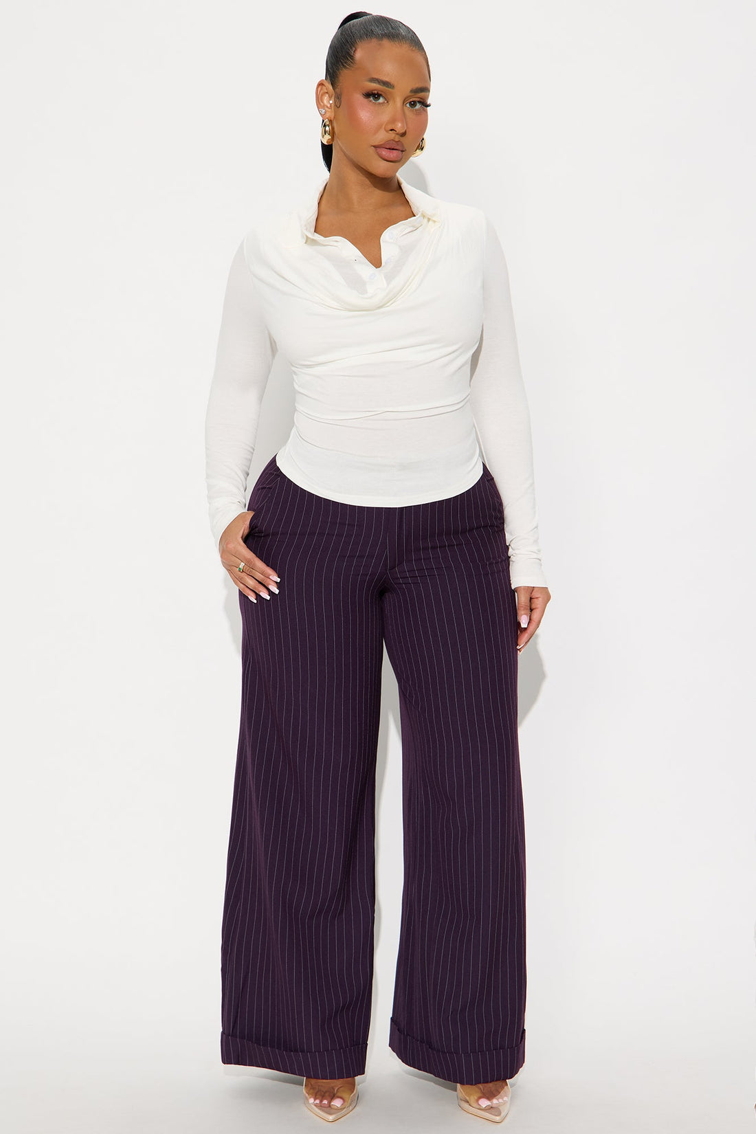Bossed Up Cuffed Pinstripe Trouser Pant 32″ - Plum