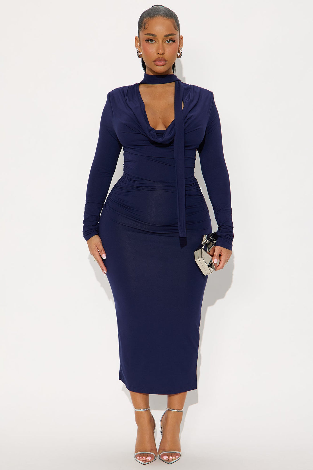 On Rehearsal Long Sleeve Cowl Neck Midi Dress - Navy