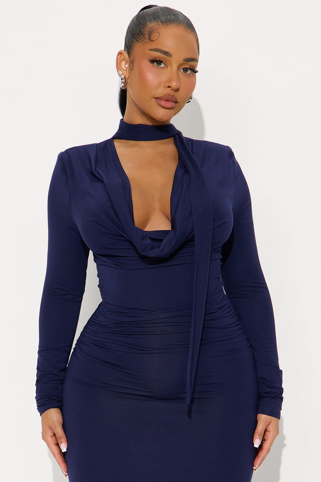 On Rehearsal Long Sleeve Cowl Neck Midi Dress - Navy