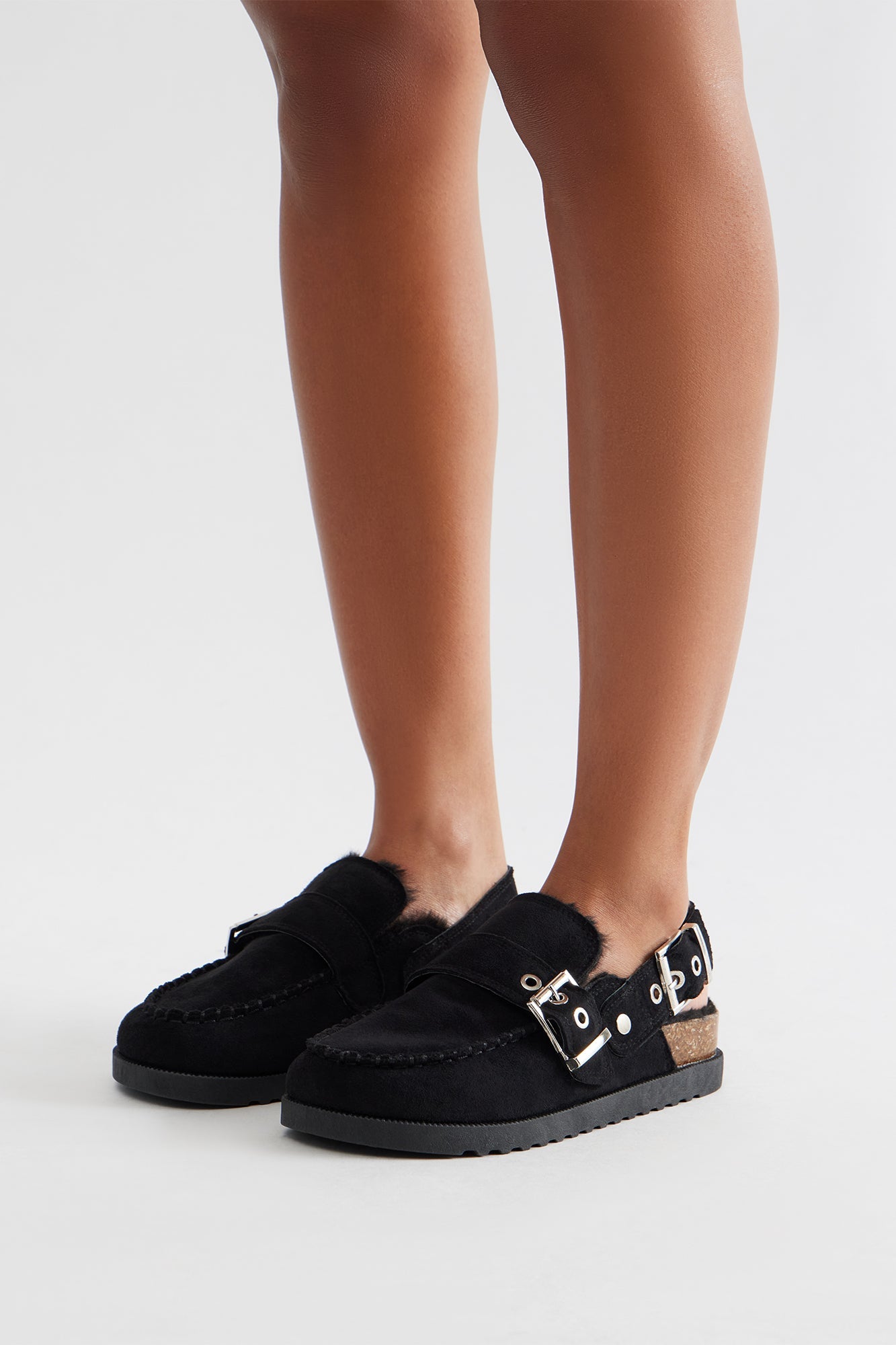 Brock Faux Fur Lined Buckle Slides - Black