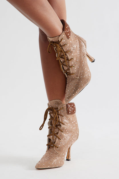 Harlan Rhinestone Lace Up Booties - Tan