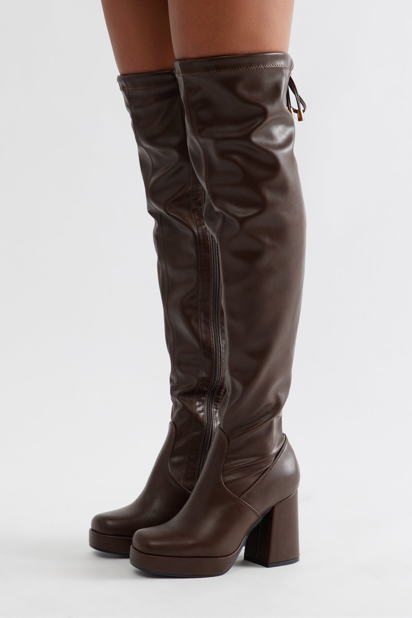 Dover Faux Leather Thigh High Boots - Brown